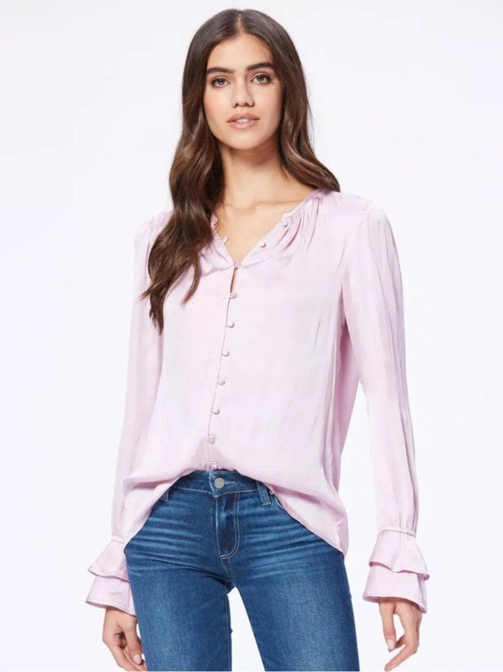 PAIGE Fragrant Rose Pink Satin Ruff Cuff Vienne Blouse XL